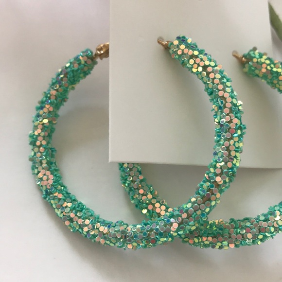 Green Glitter Hoop Earrings - Picture 2 of 5